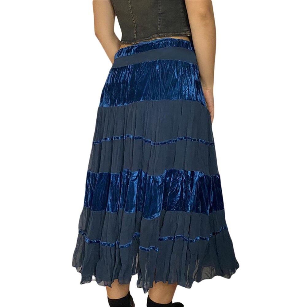 Vintage Blue Long Pleated Skirt Y2K Fairy Grunge Kawaii High-Waisted Midi Skirt Women Korean Harajuku Retro Goth Patchwork Skirt