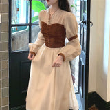 Drespot Vintage Midi Dress Women Casual V-neck Long Sleeve Party Retro Dress Female French Evening One-piece Dress Korean
