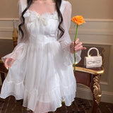 Drespot Vintage Sweet Kawaii Princess Fairy Dress Women French Elegant White Ruffle Party Dresses Female Mori Girl Cute Clothes