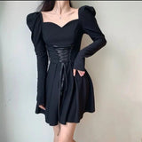 Drespot Vintage Bandage Black Mini Dress Women French Puff Sleeve Square Collar Short Dresses Bodycon Wrap Party Korean Style