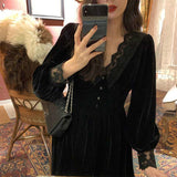 Drespot  French Vintage Dress Women Lace Velvet Black Elegant Party Dress Female Autumn  High Waist Long Sleeve Midi Gothic Dress