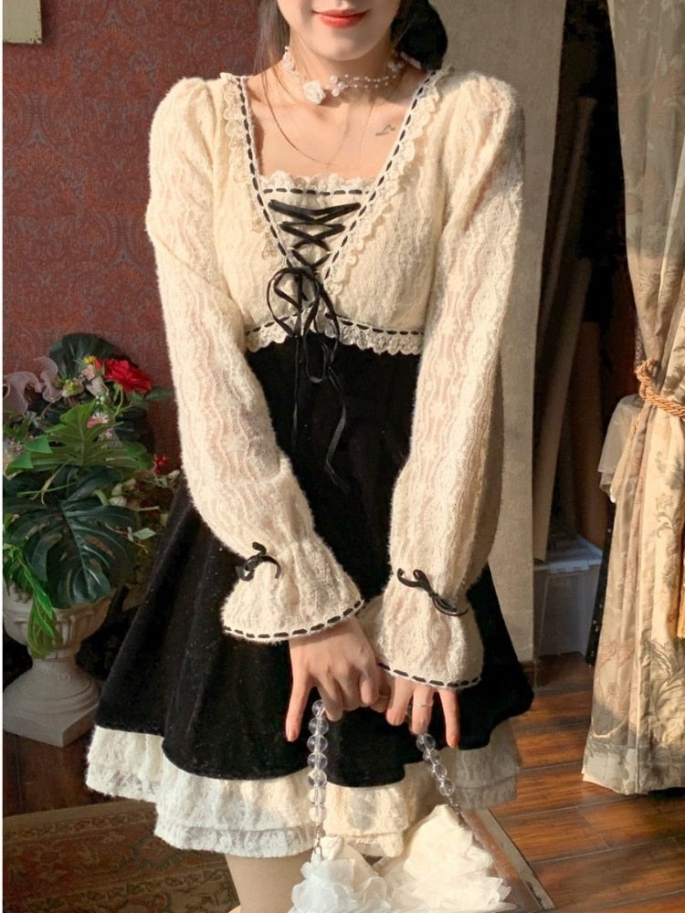 Drespot  Spring French Vintage Mini Dress Women Casual Lace Party Short Dress Lolita Kawaii Clothing Elegant One Piece Dress Korean