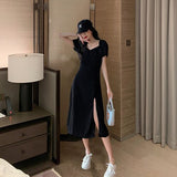 Summer Black Midi Dress Women Puff Sleeve French Style Side-split Elegant Slender Dresses Square Collar Streetwear Chic Design