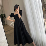 Drespot Vintage Elegant French Black Party A-line Maxi Dress for Women Square Collar Short Sleeve Dress Summer  Vestidos De Mujer D19