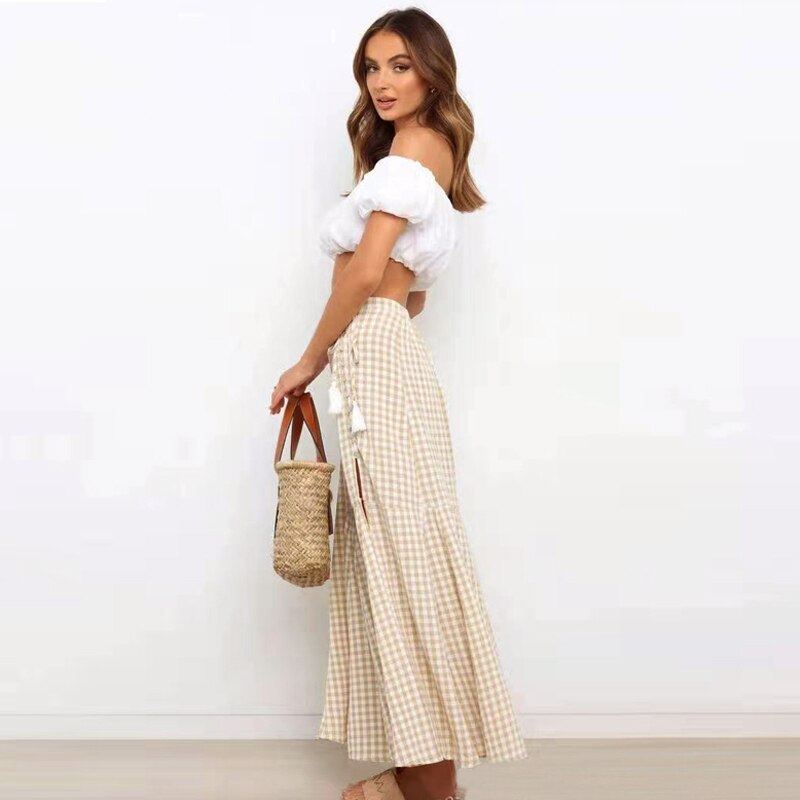 Long Plaid Skirts Women Vintage Party Trendy Elegant A-line Office Skirt Ladies High Waist Bodycon Maxi Casual Vacation Dress