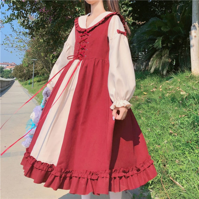 Drespot Kawaii Lolita Dress Woman Bandage Bow Ruffle Dresses Red Navy Sailor Collar Patchwork Preppy Style Cute Spring Autumn