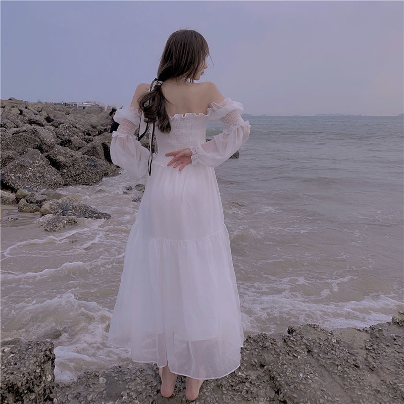 Long Sleeve Dress Women Gentle Slash-neck Temperament Solid Summer Holiday Femme Vestidos Mid-calf Elegant Korean Style Casual