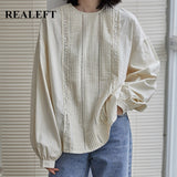 Drespot  New Spring Vintage Blouse French Elegant Round Neck Long Lantern Sleeve Women's Shirt Female Cotton White Shirt