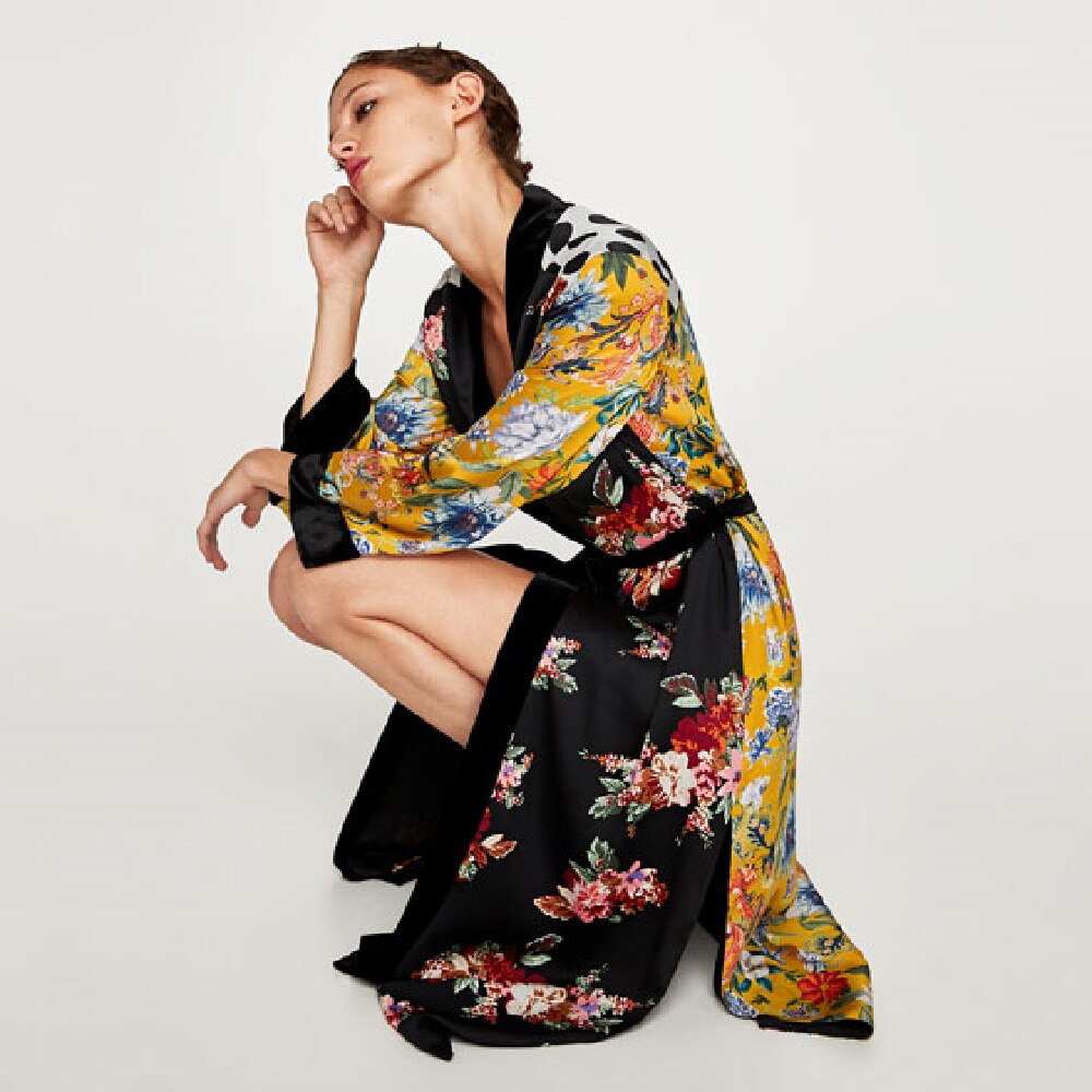 Vintage Floral Print Long Kimono Plus Size Elegant Street Wear Summer Clothing For Women Bohemian Tunic Dress A836