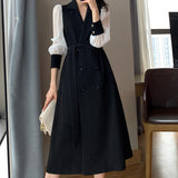 Drespot Vintage Fashion Belt Maxi Dresses for Women Notched Long Sleeve Office Ladies Blazer Dress Autumn Winter Long A-Line Black Dress