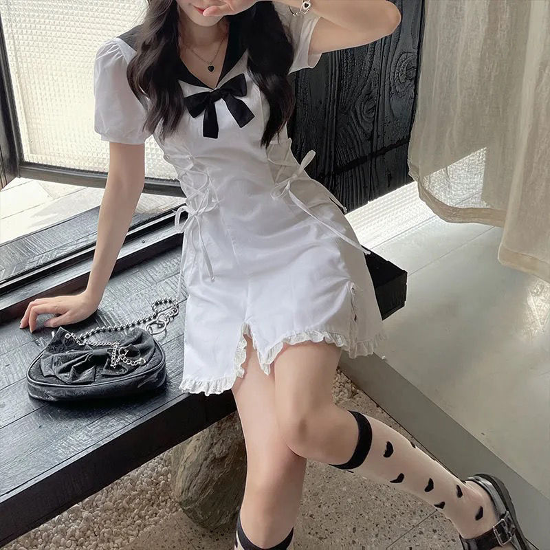 Drespot  Y2k Kawaii White Mini Dress Women Bandage Puff Sleeve Party Fairy Short Dresses Female Designer Split Cute Clothes