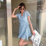 Short Sleeve Dress Women V-Neck Mini Print Sweet Korean Style All-match Summer Fashion Leisure Bandage Student Elegant Vestidos