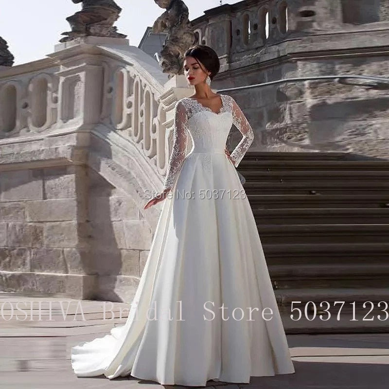 Drespot    Comfortable A Line Wedding Dresses With Lace Long Sleeves Sweetheart Zipper Back Floor Length Pleated Satin Robe De Mariage