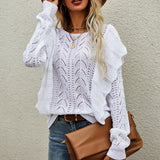 Autumn knitted vintage white pullovers Women's Sweaters wither Fashionable Hollow Knitwear with ruffles sweater women Solid