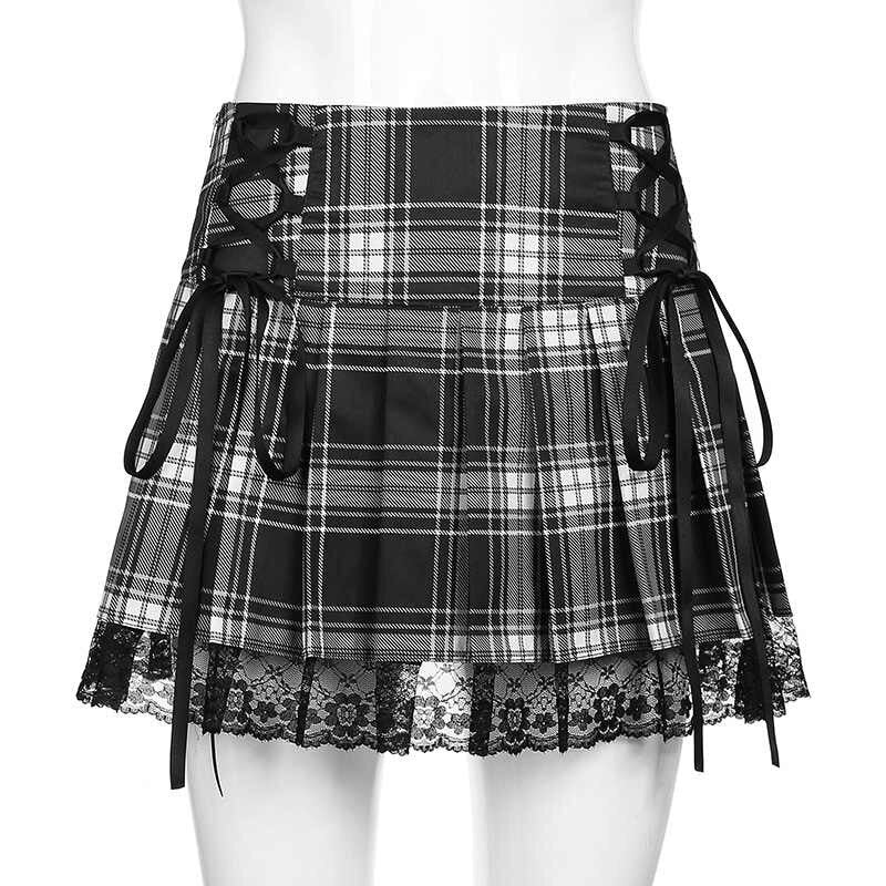 Goth Y2K High Waist Pleated Skirt  Vintage Lace Patchwork Plaid Skirt Harajuku Cosplay Black Mini Skirt EGirl  Bandage Club