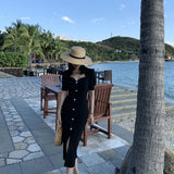 Drespot One Piece Dress Korean Vintage Midi Dresses Women Short Sleeve Elegant Black Dress Office Ladies Button Design Summer  Y2K