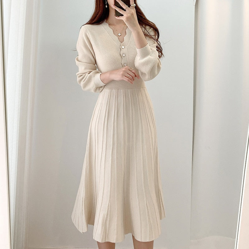 Drespot  One Piece Korean Pleated Dress  New Spring Long Sleeve Slim Woman Sweater Dresses Knitted Vintage Elegant Midi Party Dress