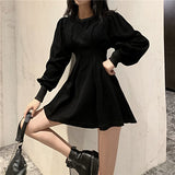 Drespot Autumn Black Mini Dress  Spring Fashion Korean Style Wrap Long Sleeve Pleated Dress Casual Wrap Streetwear Women Kpop