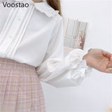 Drespot  Autumn Winter Japanese Style Lolita Shirts Girly Peter Pan Collar Lantern Long Sleeve Tops Women Sweet Blouses Wear With Dress