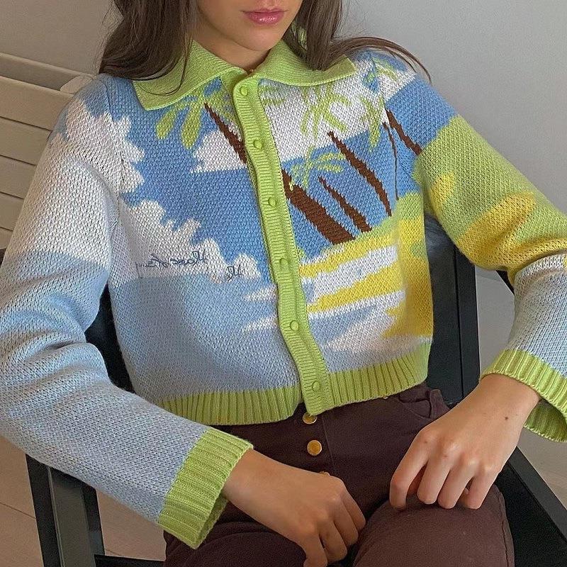 Drespot Thanksgiving Tropical Landscape Jacquard Knit Cardigan Women Collared Button Up Crop Sweater Day Dreamer Cardi Y2K Aesthetic Clothes