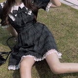 Drespot Summer Dress Plaid Grunge Kawaii Bow Lace Dresses Women Cute Preppy Style Lolita Gothic Japanese Harajuku Dark Outfits