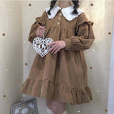 Drespot Kawaii Lolita Dress Autumn Corduroy Sweet Lolita Style Cute Dress Yummy Brown Patchwork Puff Long Sleeve Tea Party Dress