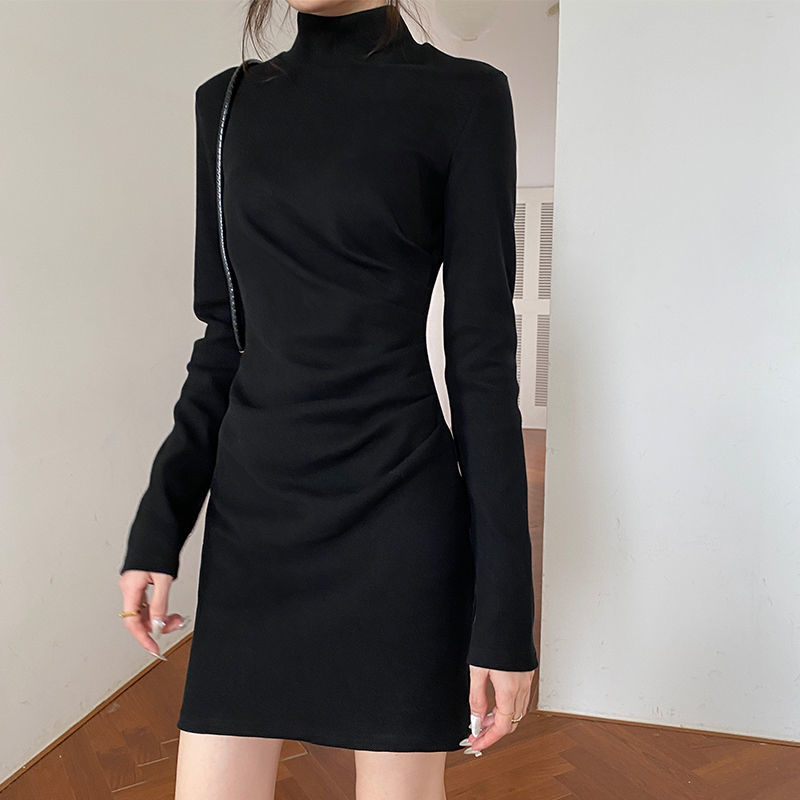 Black Long Sleeve Mini Dress Women Bodycon Sexy Autumn Winter Dresses Turtleneck Office Lady Solid Korean Fashion Outfit