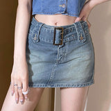 Drespot Y2K Grunge Low Rise Denim Mini Skirt With Belt 90S Retro Emo E-Girl Women Clubwear
