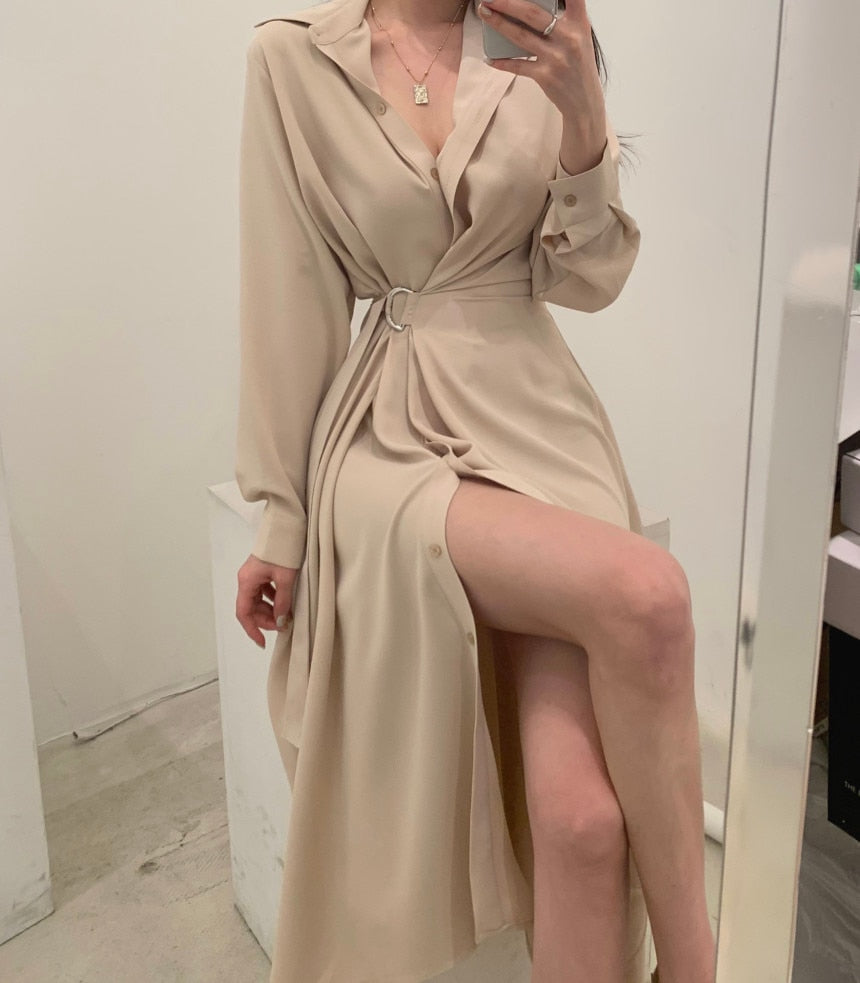 Drespot Women Single Breasted Midi Lace Up Slim Solid Shirt Dress Long Sleeve Elegant Vestidos Femme