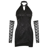 Chinese Style Jacquard Black Floral Dress Women Sexy Slit Bodycon Dress With Lace Gloves Party Dark Academia Cheongsam  Iamhotty