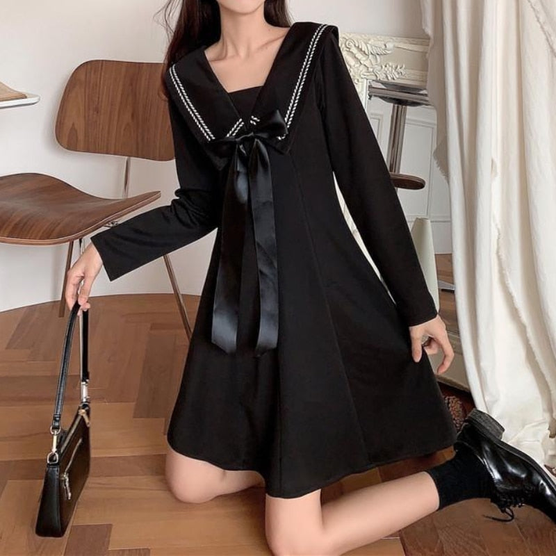 Drespot  Women Dress Black Kawaii Short Dresses Sailor Collar Preppy Style Long Sleeve Robe Loose Oversized Elegant Streetwear