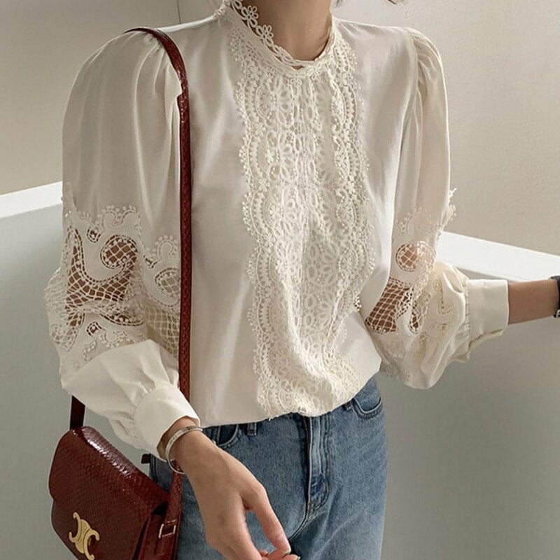 Drespot Women's Autumn Hollow Out Lace Blouse Sweet Lantern Sleeve Stand Collar Vintage Shirt Loose Fall Blouse