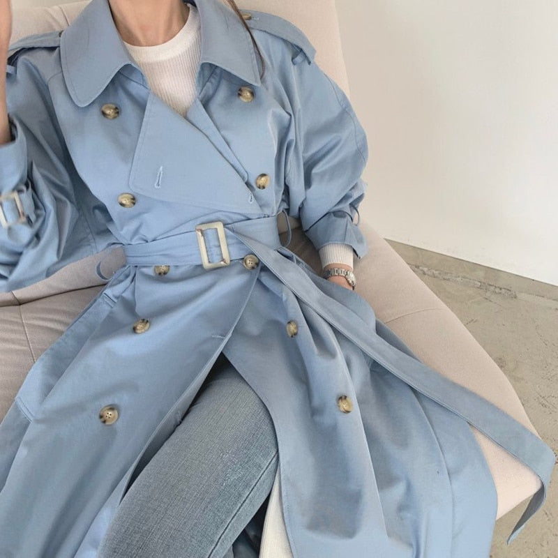 Drespot New Spring Autumn Casual  Women LongTrench Coat Double Breasted With Belt Loose Coat Office Lady Outerwear Fashion