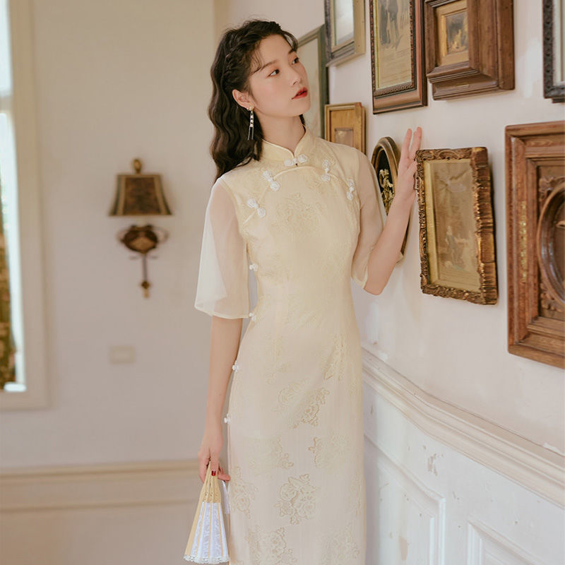 Drespot Chinese Style Cheongsam Floral Dresses Woman  Elegant Mesh Lace Qipao Dress Women Vintage Dress Robe Femme Vestidos
