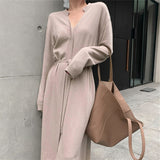 Drespot  Vintage Women Knitted Dress Autumn Winter Brief V-neck Warm Drawstring Lace-up Loose Midi Female Sweater Dress