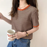 Drespot  New Summer Women's T-shirt Female Fashion Chic Short Sleeve Horizontal Stripe Casual Loose Women's Basic Tops