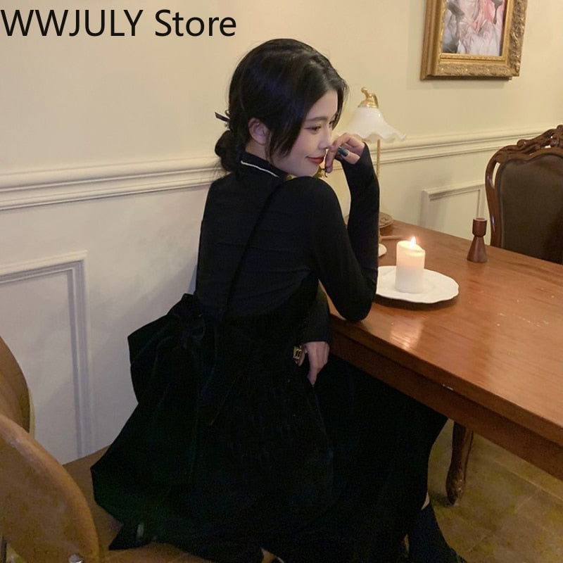 Drespot  Korean Black Velvet Dress Women Long Sleeve 2 Piece Dress Set Pure Color Blouse + Bow Midi Strap Dress  Autumn and Winter