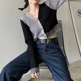 Korean Style Vintage Knitted Cardigan Sweater Women Patchwork Slim Sexy Long Sleeve Jumper Autumn Casual Coat Female