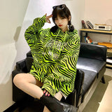 Drespot Gothic Zebra Striped Hoodie Women Harajuku Fashion Print Oversize Hooded Streetwear Pockets Long Sleeve Sweatshirts Top