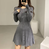 Drespot  Korean Casual Single Breasted Knitting Mini Dress Women Autumn Winter Buttons Knitted Sweater Dress Pleated Robe Femme Vestidos