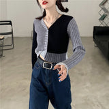 Korean Style Vintage Knitted Cardigan Sweater Women Patchwork Slim Sexy Long Sleeve Jumper Autumn Casual Coat Female