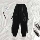 Deeptown Techwear Emo Women Black Cargo Pants Harajuku Gothic Chain Wide Leg Trousers Female Goth Streetwear Joggers Punk Grunge