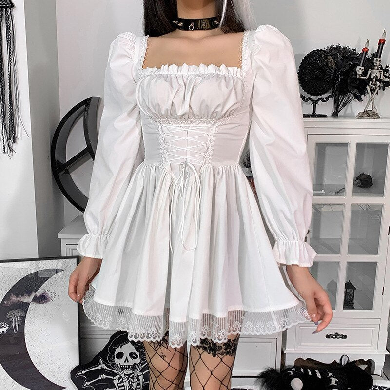 Japanese Lolita Princess Mini Dress Women Sexy High Waist Black Lace Plus Size Dress Gothic Puff Sleeve Kawaii Vestidos Mujer