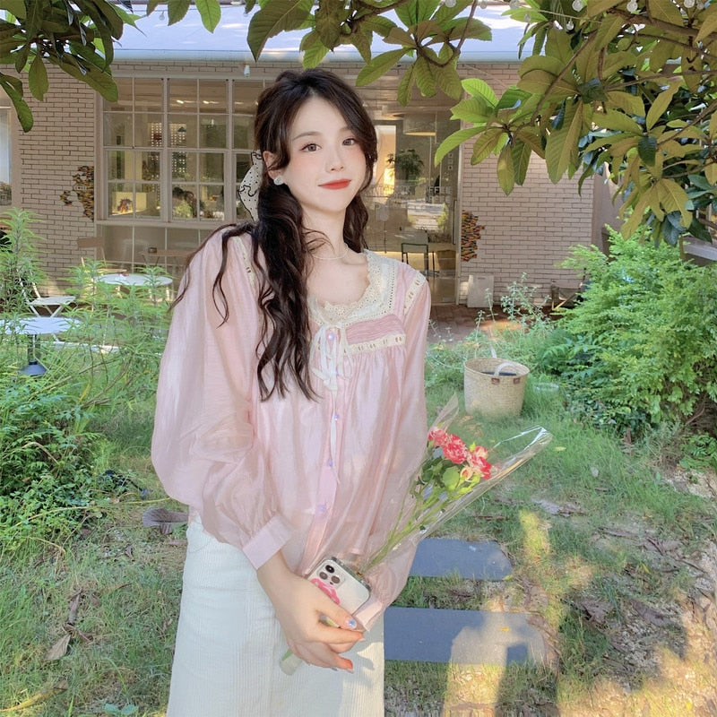 Summer Kawaii Koreaen Fashion Blouse Women Pink Lace Casual Sweet Cute Female Blouse Ruffle Designer Vintage Clthing Autumn