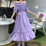 Drespot Purple Puff Sleeve Dress Women Summer Sundresses Mori Girl Off Shoulder Midi Party Dress For Holiday Casual  Spring
