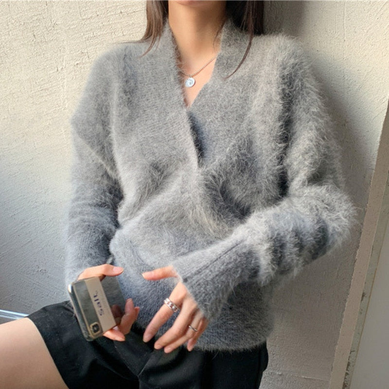Drespot  High Quality Luxury Mink Cashmere Women Pullovers Autumn Winter Mohair Knitted Tops Elegant Thick Soft Loose Sweaters Pull Femme