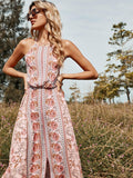 Drespot Bohemian Printing Long Dress Summer Women Waist Sleeveless Backless Sexy Mid-length Pink Dress Floral Off Shoulder Dress Viscose