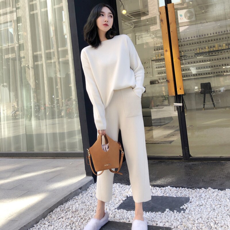 Drespot  Knitted 2 Piece Set Tracksuits Women  Autumn Winter Thick Warm O-neck Loose Sweater Pullover + Slim Pants Two Piece Set
