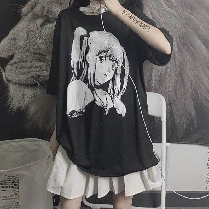 Drespot Anime Graphic T Shirts Women  Summer Japanese Style Alt Clothes Aesthetic E Girl Top Mujer Black Gothic Tee Shirt