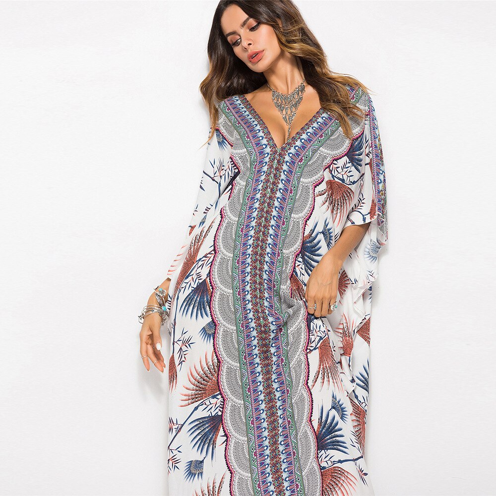 Drespot  Bohemian Printed V-Neck Batwing Sleeve Long Loose Summer Dress For Women Clothes Plus Size Streetwear Moroccan Caftan A525